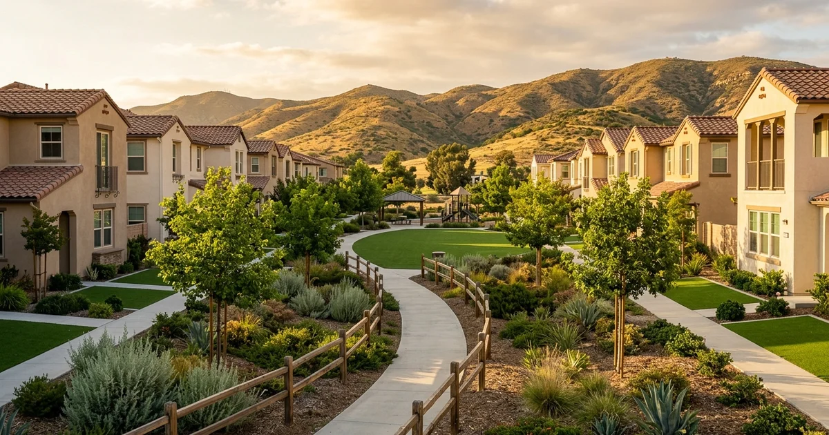 A curving paseo trail with a split-rail fence and young trees between two-story stucco homes, a small park and golden hills behind at sunset, evoking Audie Murphy Ranch in Menifee, California
